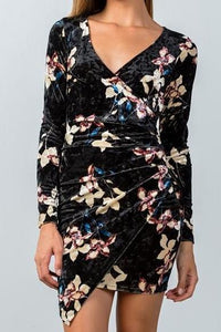 Crushed Floral Velvet Asymmetric Mini Dress (Black)