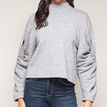 Allie Twist Sleeve Mock Neck Top (Gray)