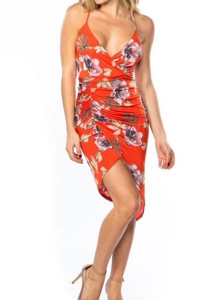 Tropical Ruched Wrap Mini Dress