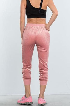 Distressed Pink Drawstring Velvet Joggers