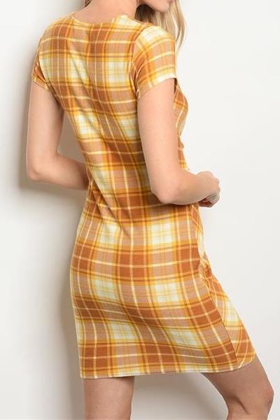 New Girl Plaid Front Tie Mini Dress (Mustard)