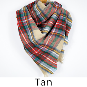 Cozy at Heart Plaid Blanket Scarf (Tan)