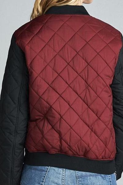 Two Tone Quilted Bomber Jacket (Burgundy)