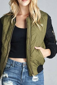 Two Tone Quilted Bomber Jacket (Olive)