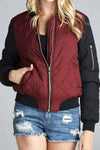 Two Tone Quilted Bomber Jacket (Burgundy)