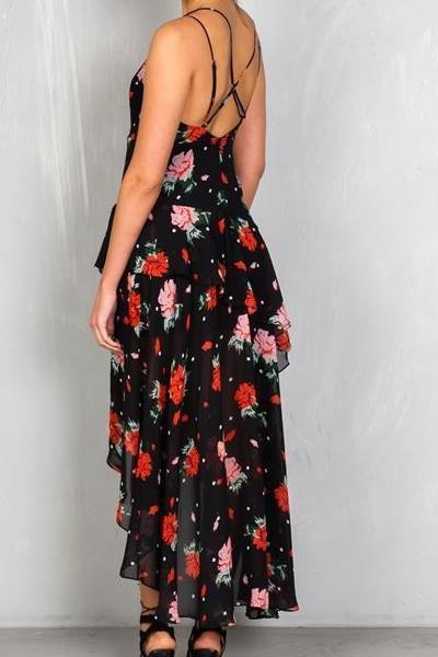 Floral Tiered Hi-Low Maxi Dress