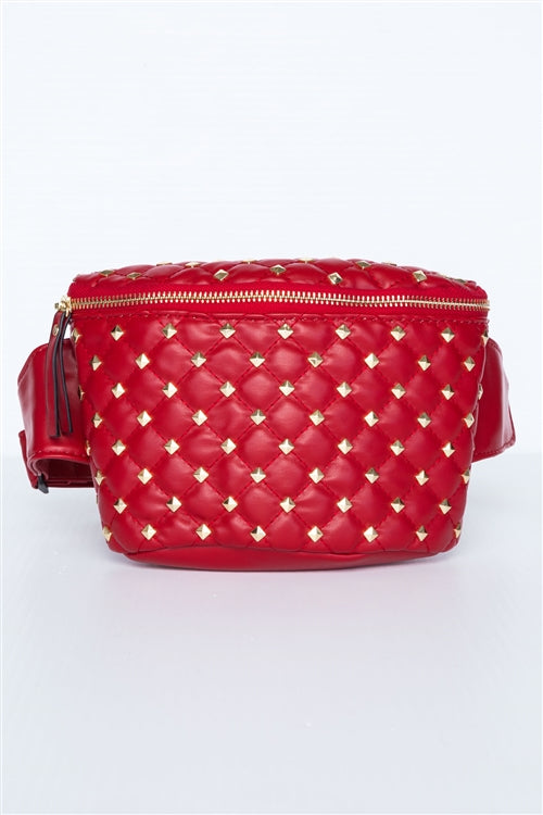 Kira Gold Studded Faux Red Leather Fanny Pack