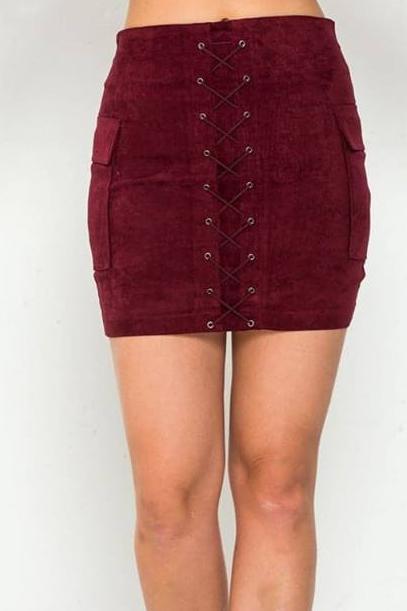 Brooklyn Lace-Up Vegan Suede Bodycon Mini Skirt (Burgundy)