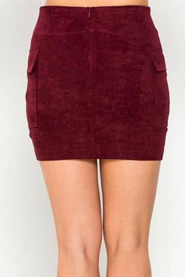 Brooklyn Lace-Up Vegan Suede Bodycon Mini Skirt (Burgundy)