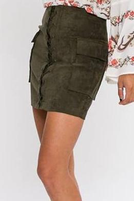 Brooklyn Lace-Up Vegan Suede Bodycon Mini Skirt (Olive)