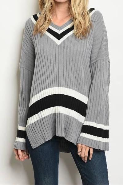 Alma Mater Oversized Varsity V Neck Stripe Sweater