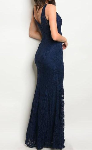 Olivia Floral Lace Slit Maxi Dress (Navy)