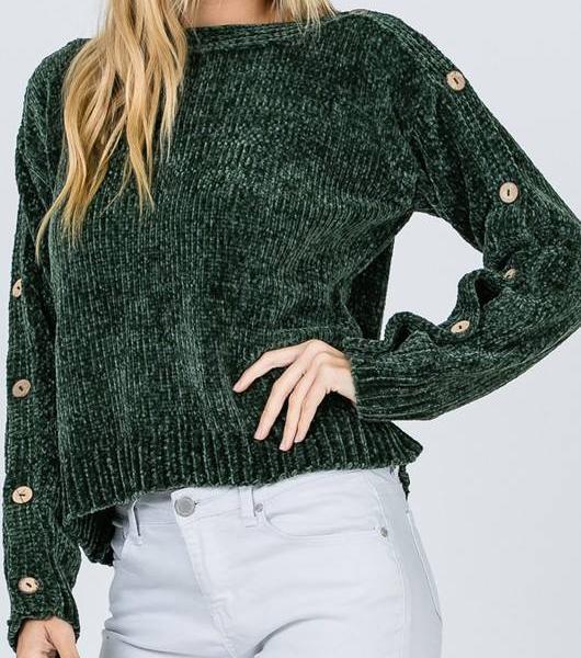 Paige Button Sleeve Chenille Sweater (Hunter)