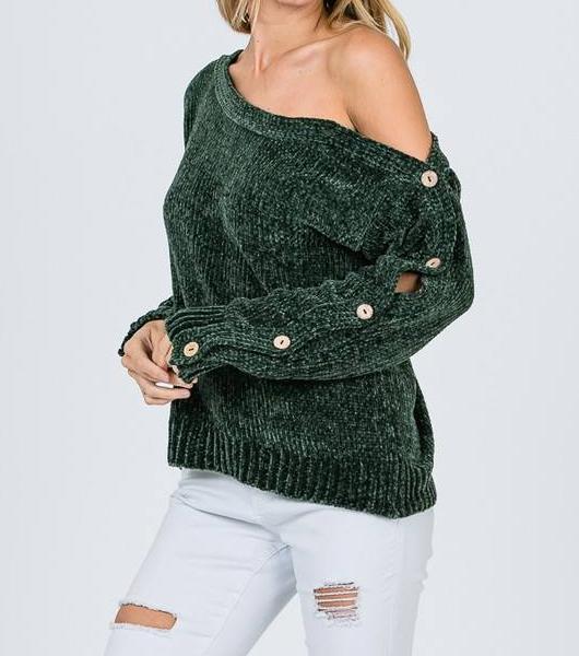 Paige Button Sleeve Chenille Sweater (Hunter)