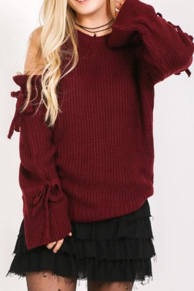 Belle Cold Shoulder Tie Sleeve Sweater (Burgundy)