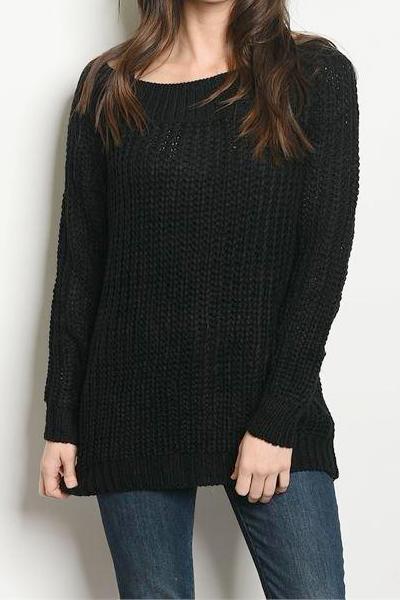Slashed Distressed Back Knit Sweater (Black)