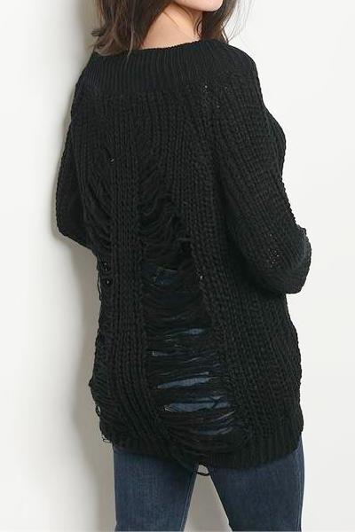 Slashed Distressed Back Knit Sweater (Black)