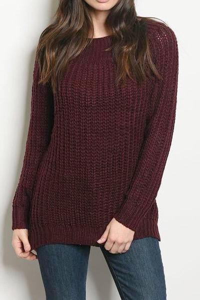 Slashed Distressed Back Knit Sweater (Merlot)