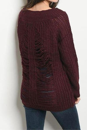 Slashed Distressed Back Knit Sweater (Merlot)