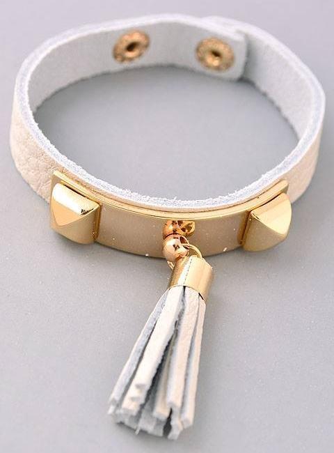 Boho Tassel Leather Bracelet (Beige)