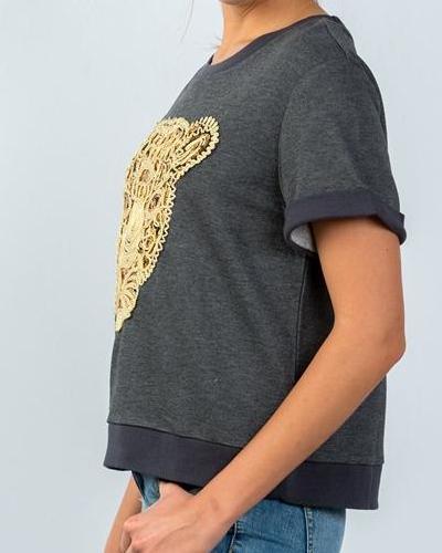 Sequin Embroidered Panther Short Sleeve Sweatshirt