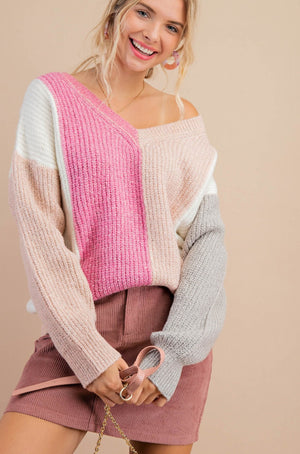 Ice Queen Pink Coloblock V Neck Sweater
