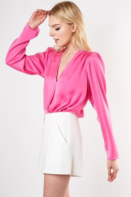 Neon Night Satin Surplice Bodysuit (Hot Pink)