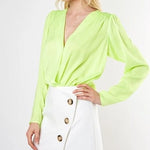 Neon Night Satin Surplice Bodysuit (Lime)