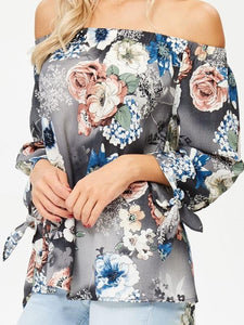 Floral Off the Shoulder Sleeve Tie Blouse