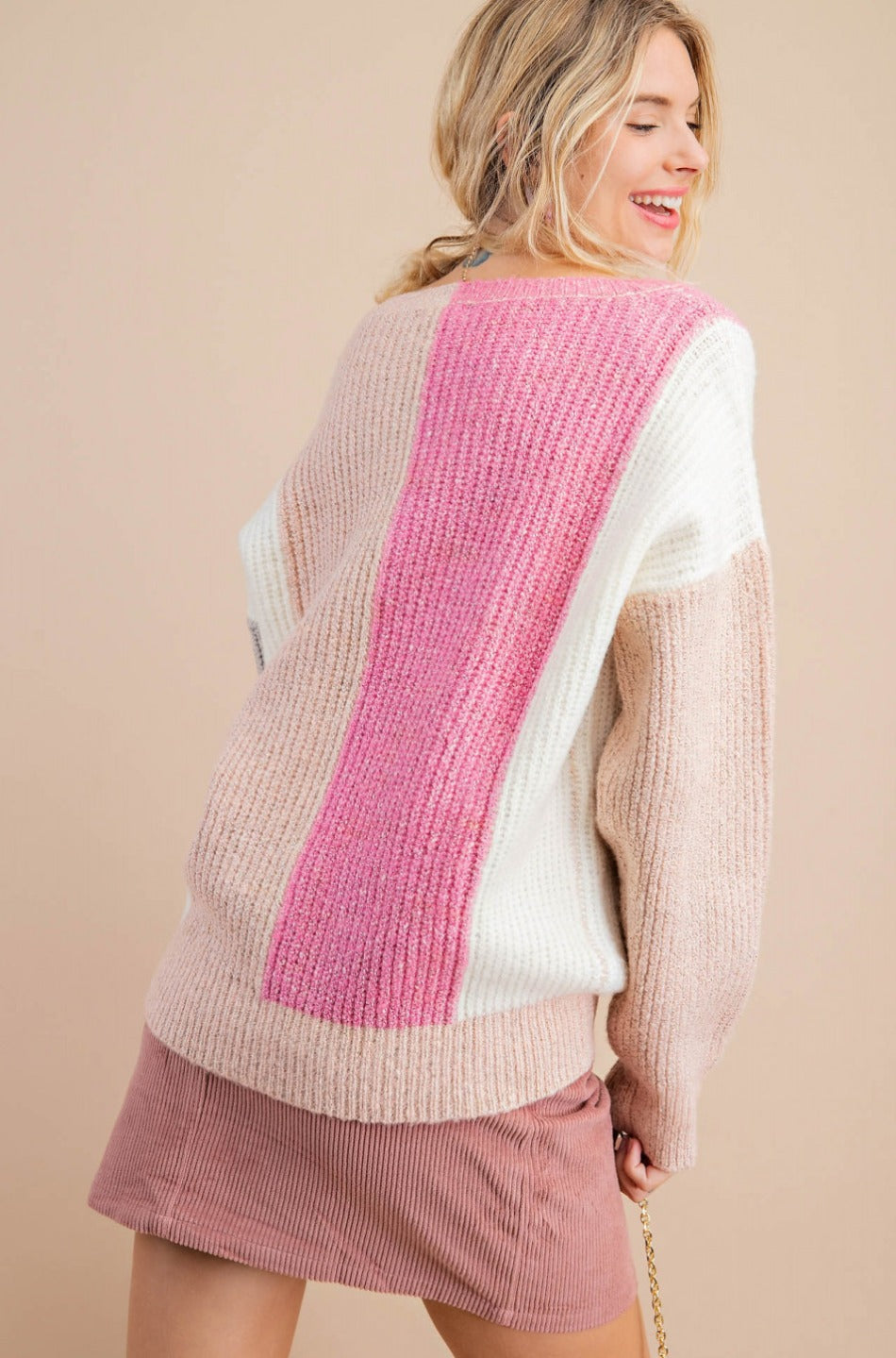 Ice Queen Pink Coloblock V Neck Sweater