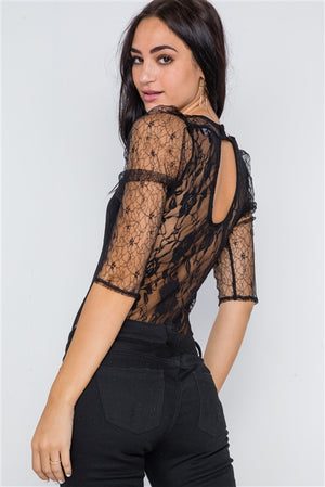 Femme Fatale Floral Lace Bodysuit (Black)