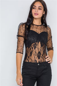 Femme Fatale Floral Lace Bodysuit (Black)