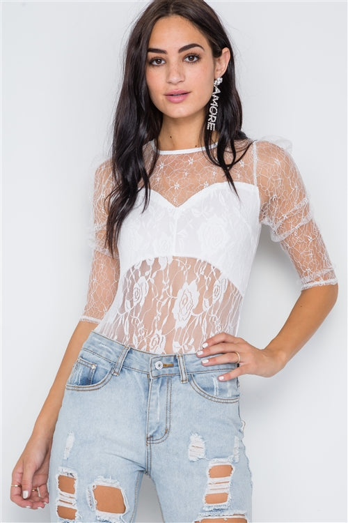 Femme Fatale Floral Lace Bodysuit (White)