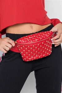 Kira Gold Studded Faux Red Leather Fanny Pack