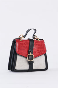 Liana Color Block Embossed Faux Croc Handbag (Red)