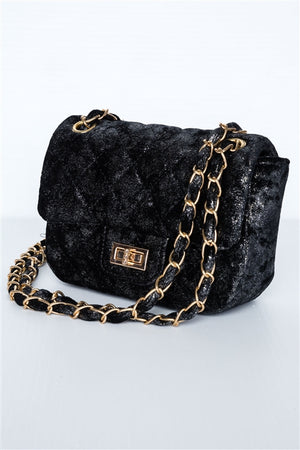 Classic Quilted Velvet Shoulder Bag (Black)