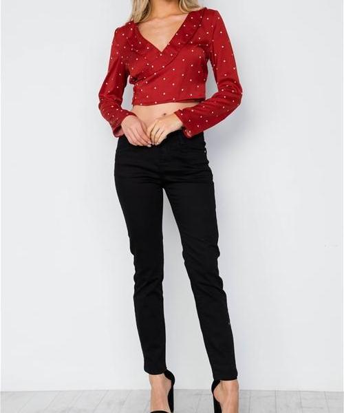 Posh Polka Dot Wrap Front Cropped Blouse in Red