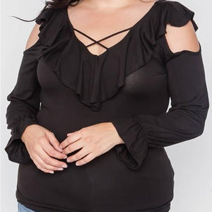 Tessa Cold Shoulder Ruffle Plus Size Blouse (Black)
