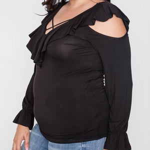 Tessa Cold Shoulder Ruffle Plus Size Blouse (Black)
