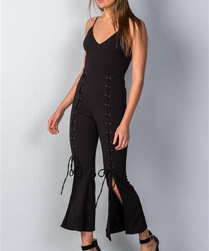 Wide Split Leg Lace-Up Jumpsuit (Black)