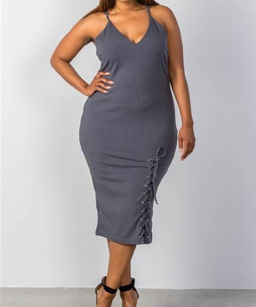 Ribbed Lace-Up Bodycon Midi Dress (Plus)