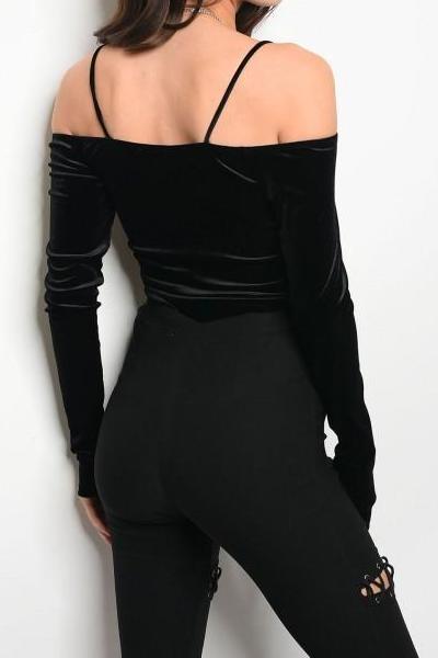 Black Lace Up Velvet Bodysuit