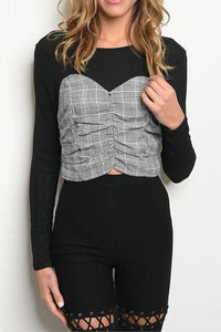 Corset Mixed Media Plaid Crop Blouse