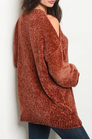 Autumn Touch Cold Shoulder Chenille Sweater (Rust)