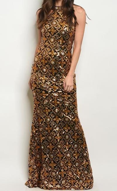 Timeless Sequin Glittering Maxi Evening Gown (Gold)