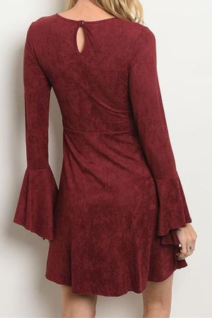Delaney Faux Suede Flare Sleeve Dress (Burgundy)