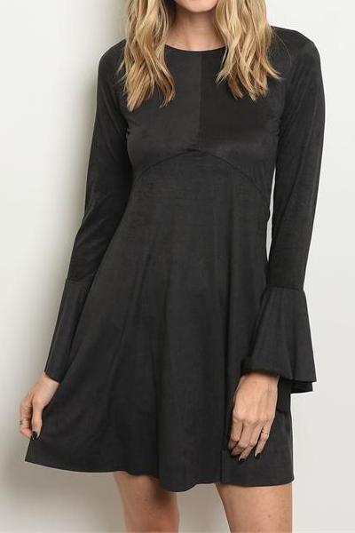 Delaney Faux Suede Flare Sleeve Dress (Black)