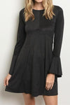 Delaney Faux Suede Flare Sleeve Dress (Black)