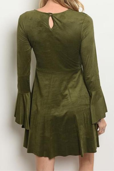Delaney Faux Suede Flare Sleeve Dress (Olive)