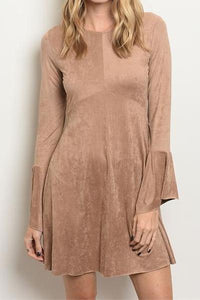 Delaney Faux Suede Flare Sleeve Dress (Tan)